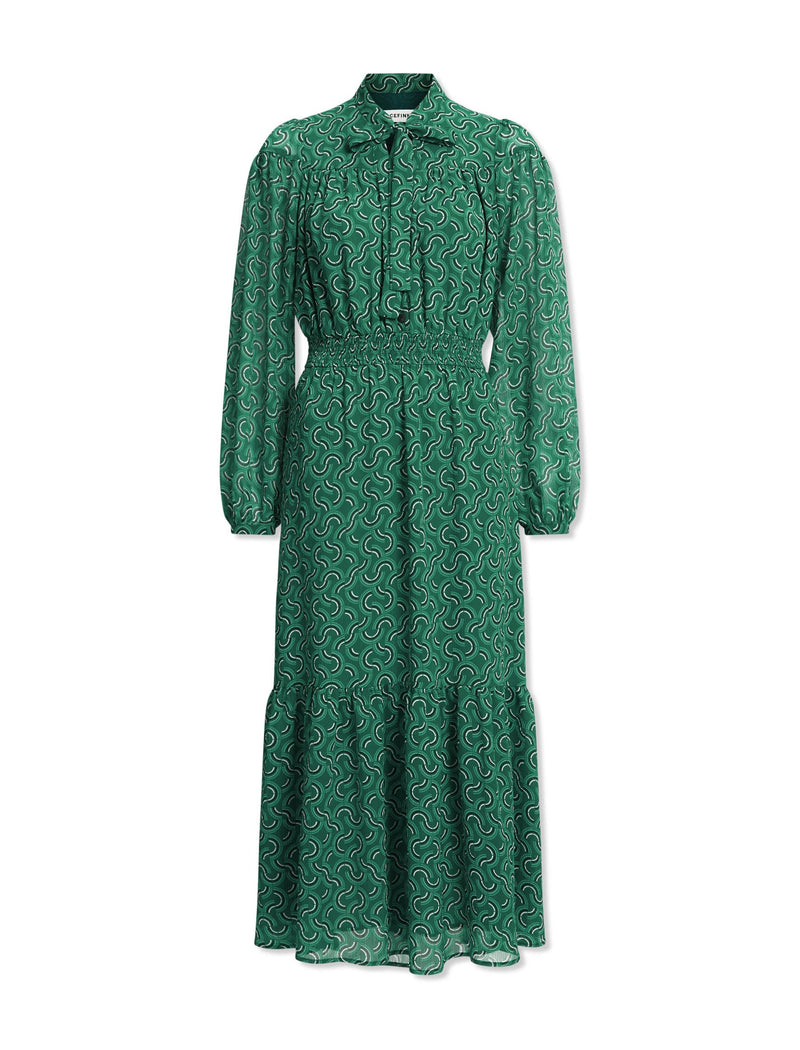 Francesca Shirred Waist Midi Dress with Neck Tie - Green Rainbow Geo Print