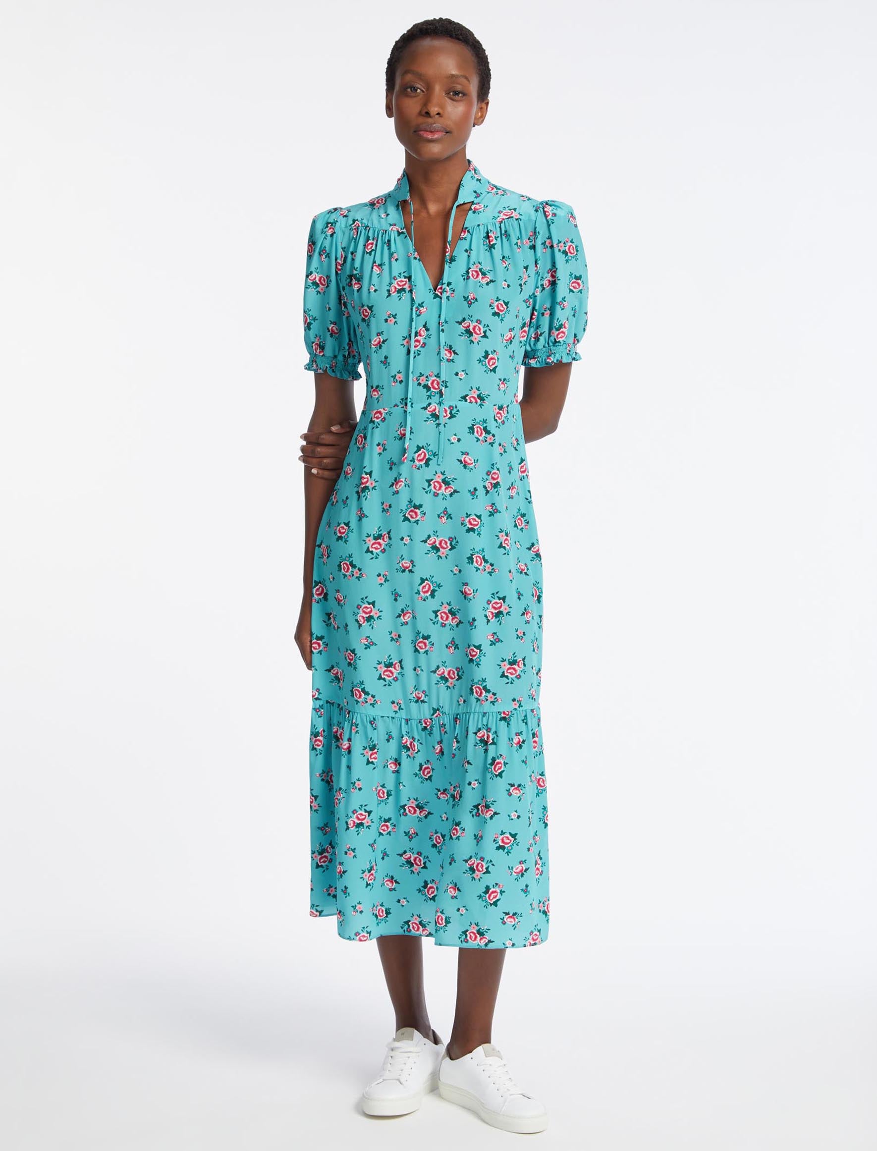 Rebecca Silk Short Sleeve Midi Dress with Neck Tie Detail - Mint Posy Print