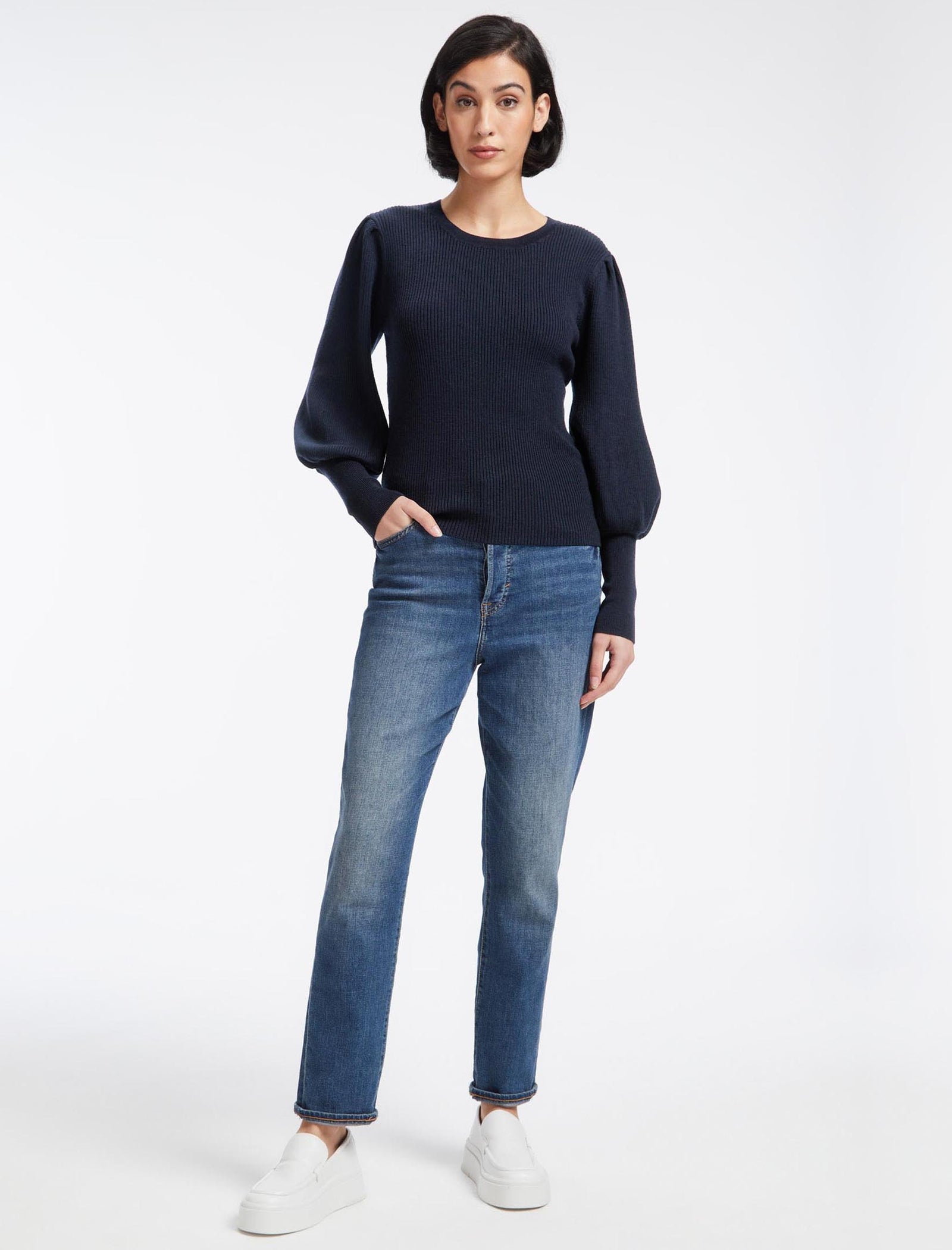 Eva Crew Neck Blouson Sleeve Jumper in Navy