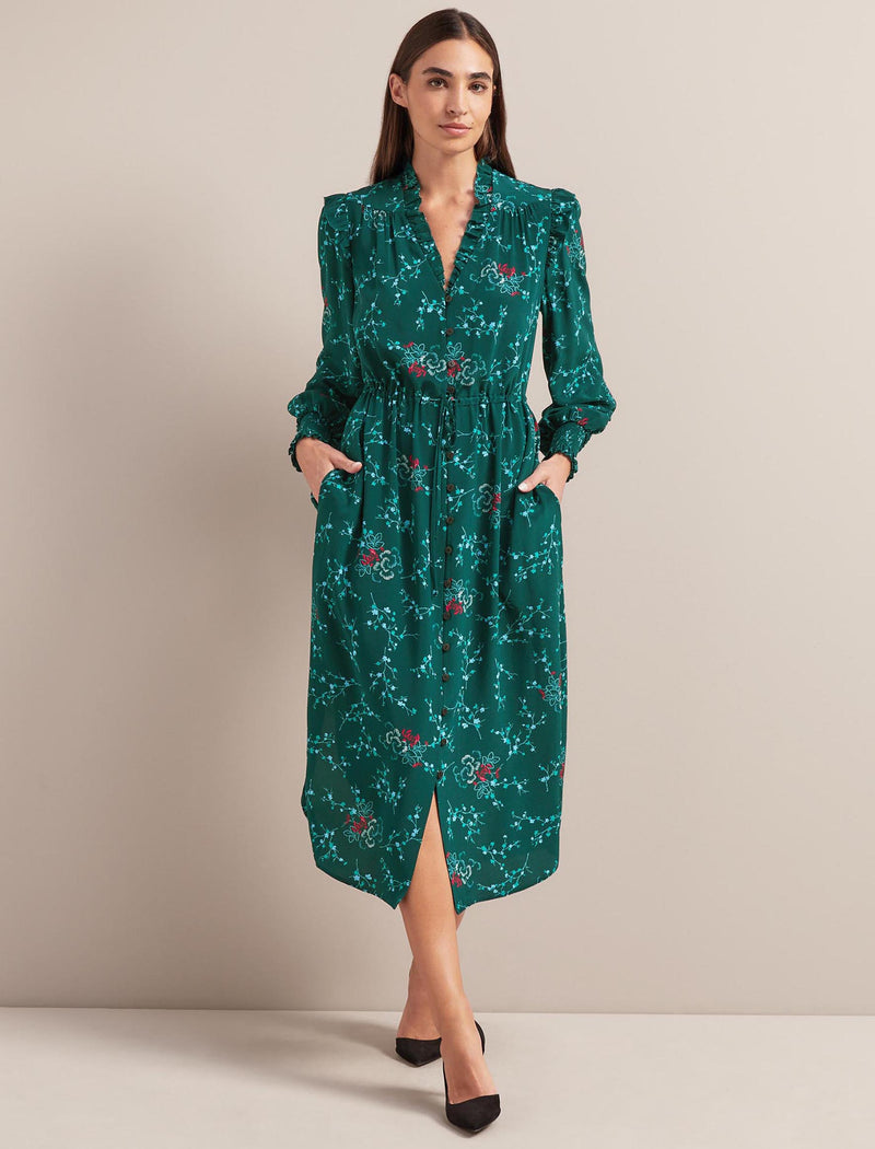 Stella Silk Midi Dress - Green Lotus Print