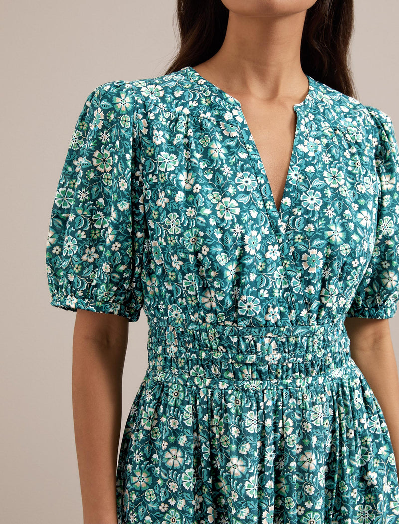 Olive Cotton Blend Midi Dress - Green Ditsy Carnation Print