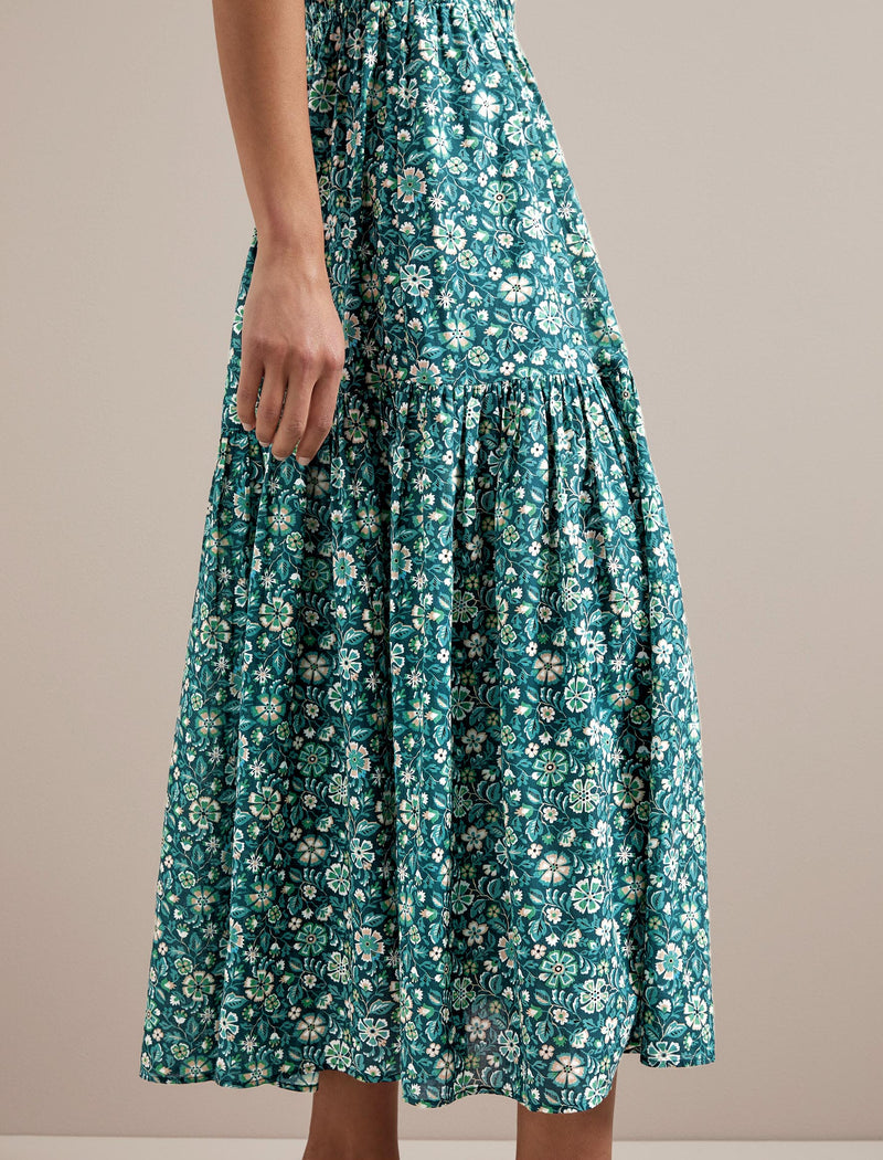 Olive Cotton Blend Midi Dress - Green Ditsy Carnation Print