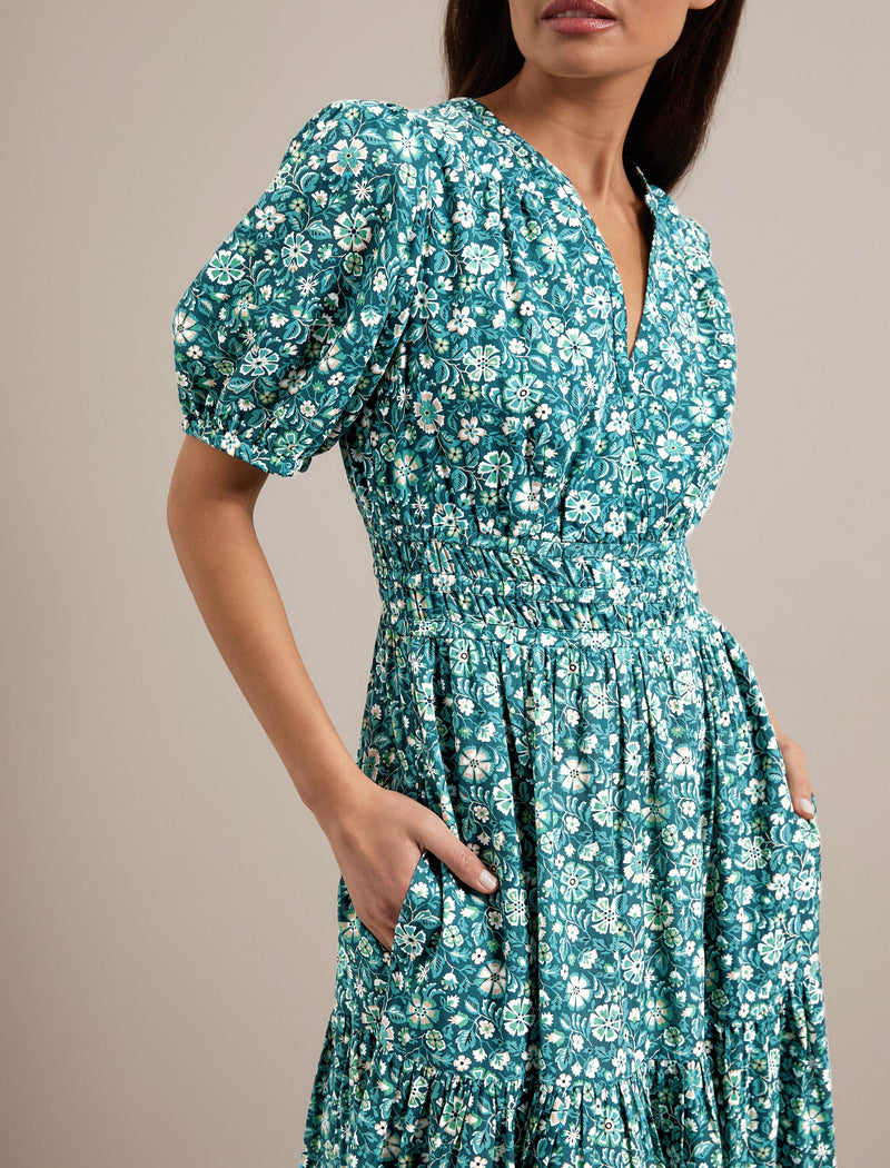 Olive Cotton Blend Midi Dress - Green Ditsy Carnation Print