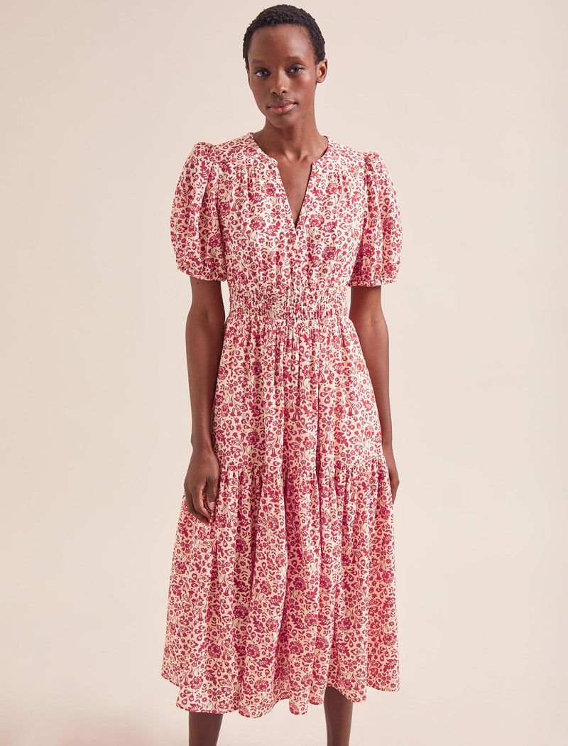 Olive Cotton Blend Midi Dress - Red Mono Floral Print