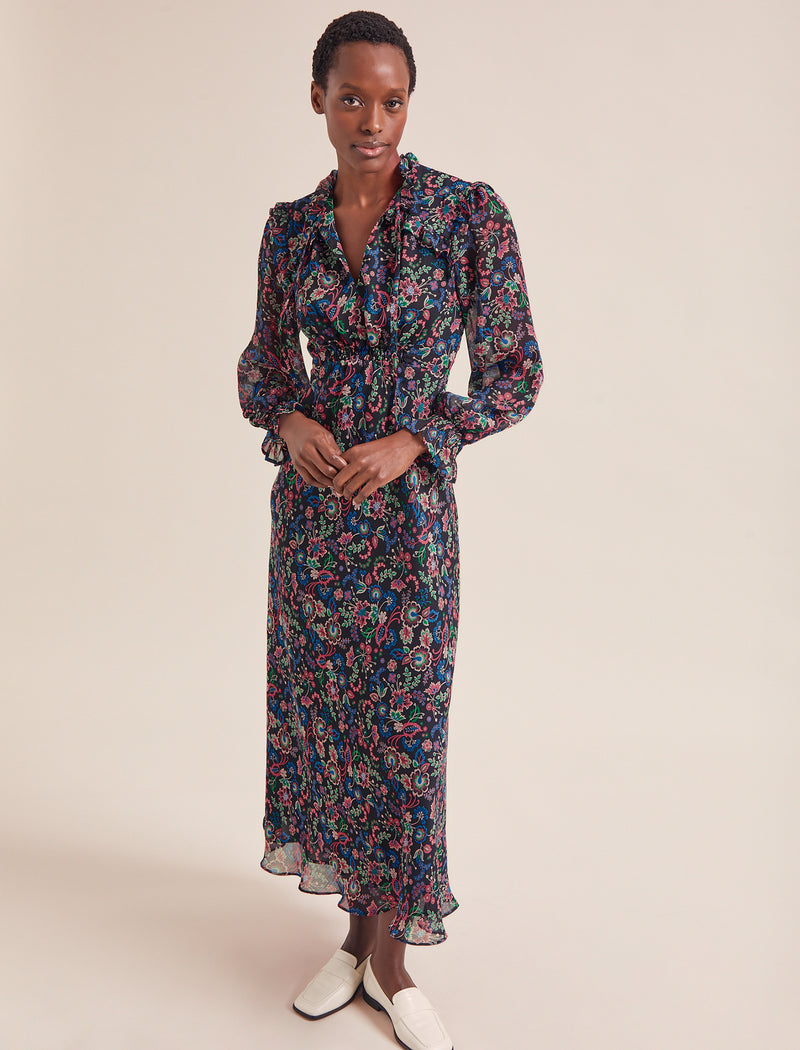 Lucinda Bias Cut Maxi Dress - Navy Multi Large Floral Print