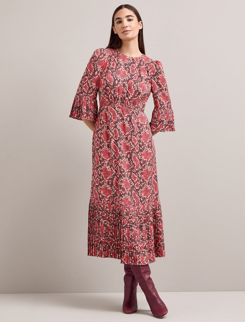 Tibi Round Neck Maxi Tea Dress with Pleat Detail Pink Snakeskin Print