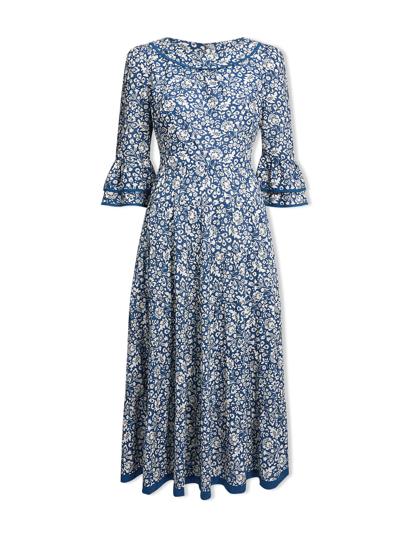 Elodie Cotton Blend Maxi Dress - Blue Mono Floral Print