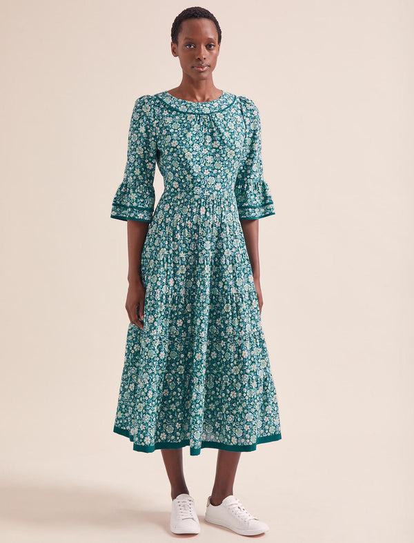 Elodie Cotton Blend Maxi Dress - Green Ditsy Carnation Print