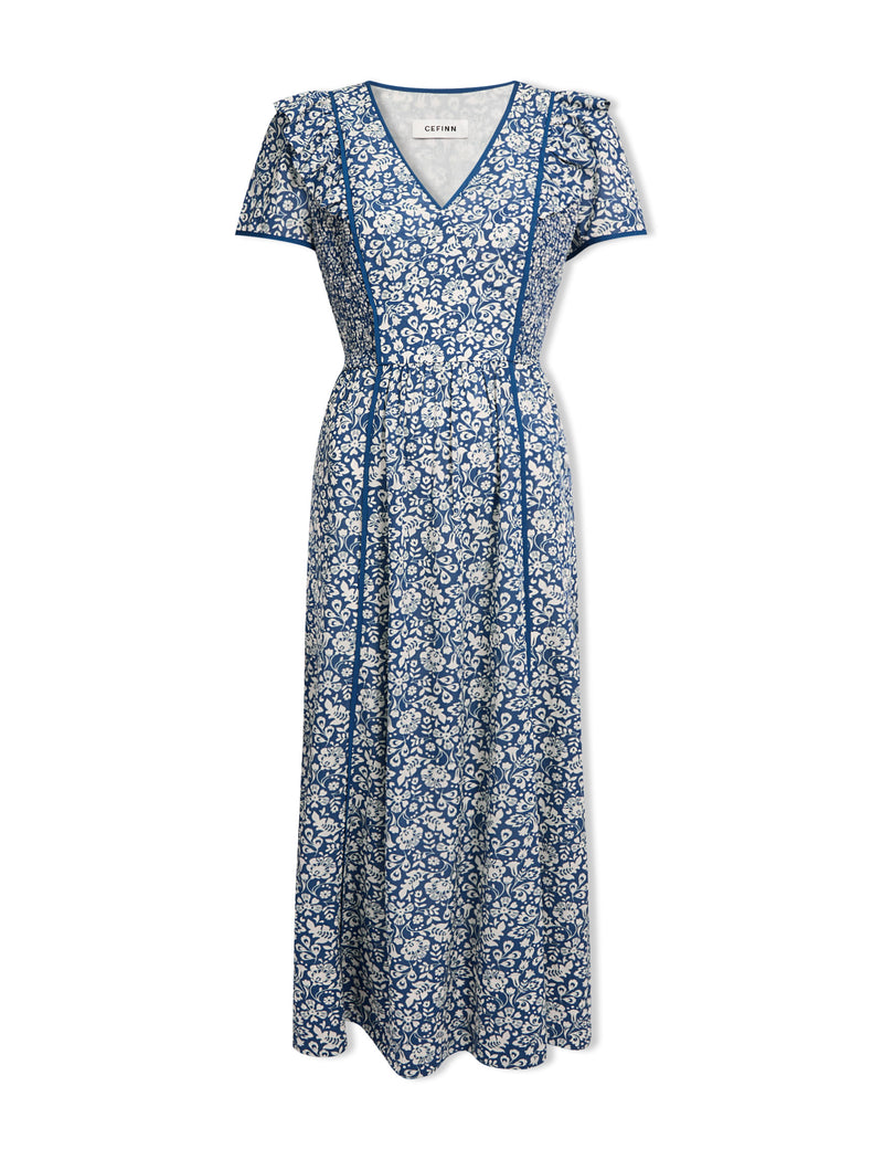 Maeve Cotton Blend Maxi Dress - Blue Mono Floral Print