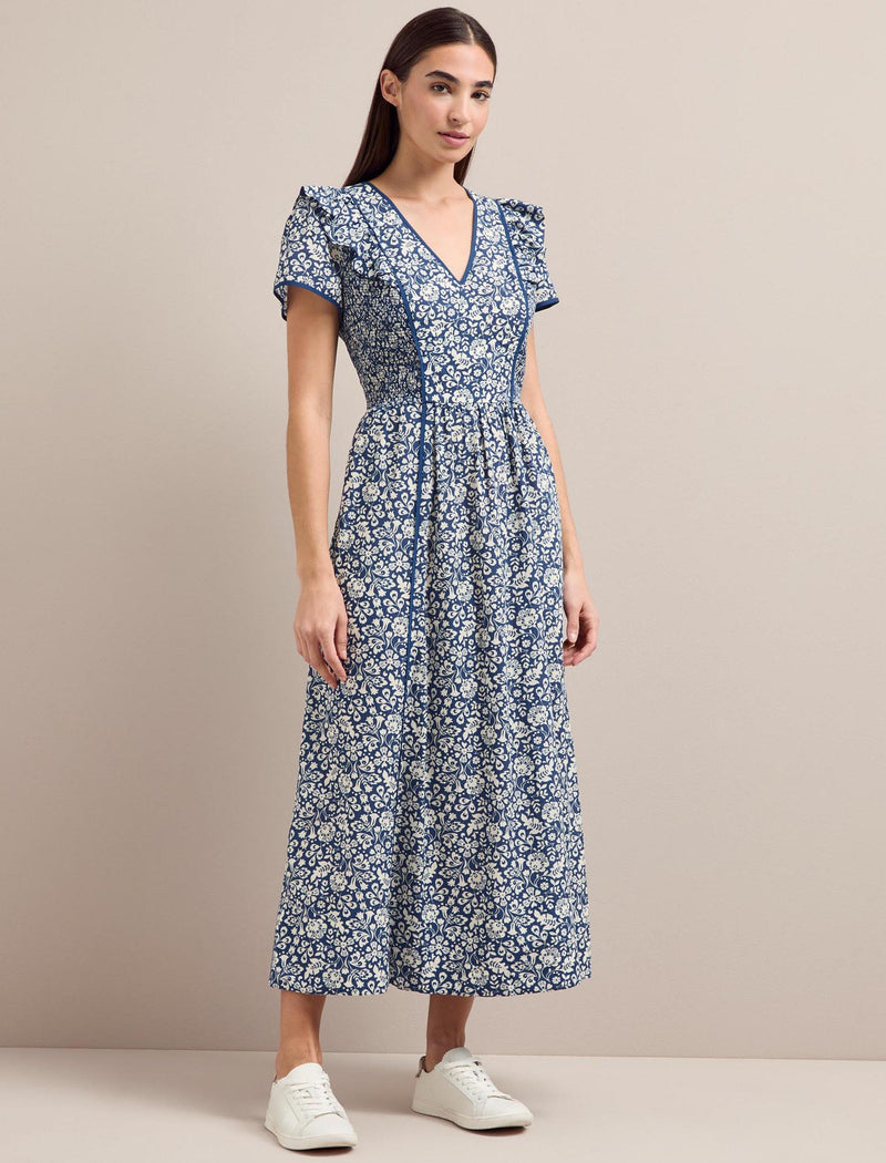 Maeve Cotton Blend Maxi Dress - Blue Mono Floral Print