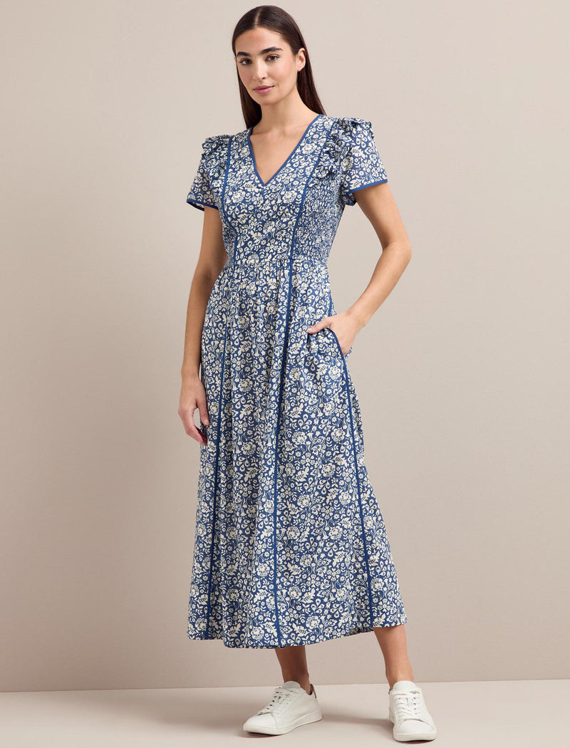 Maeve Cotton Blend Maxi Dress - Blue Mono Floral Print