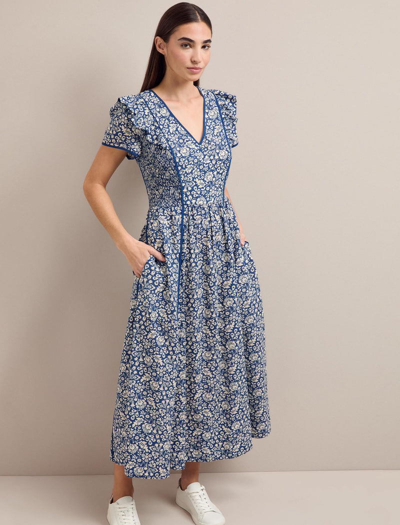 Maeve Cotton Blend Maxi Dress - Blue Mono Floral Print