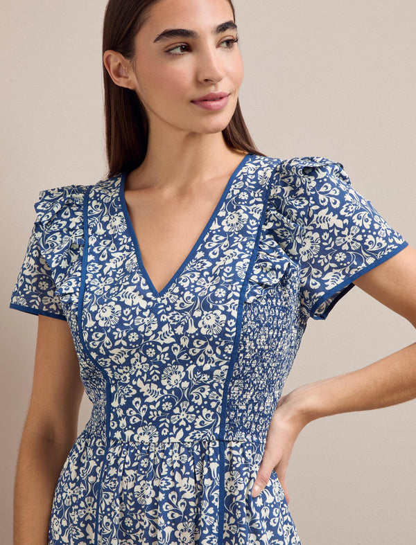 Maeve Cotton Blend Maxi Dress - Blue Mono Floral Print