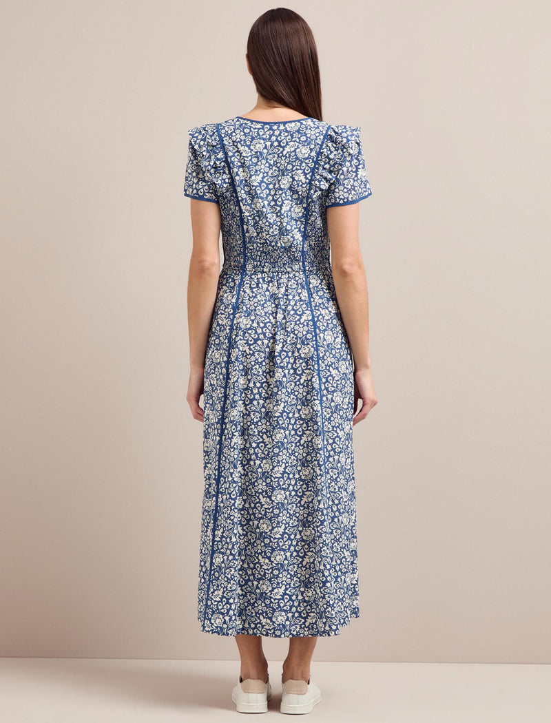 Maeve Cotton Blend Maxi Dress - Blue Mono Floral Print