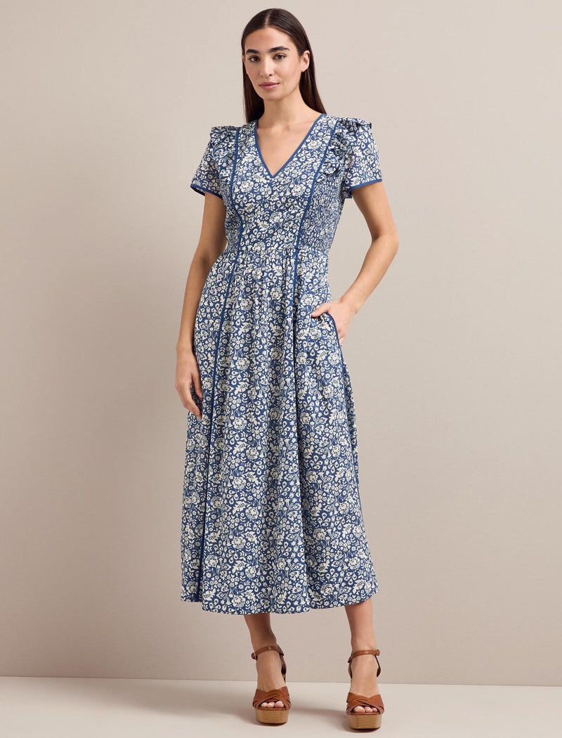 Maeve Cotton Blend Maxi Dress - Blue Mono Floral Print