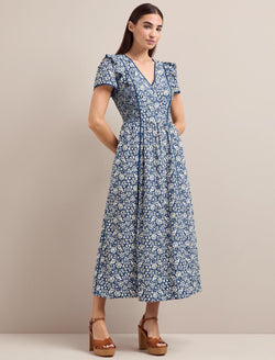 Maeve Cotton Blend Maxi Dress - Blue Mono Floral Print