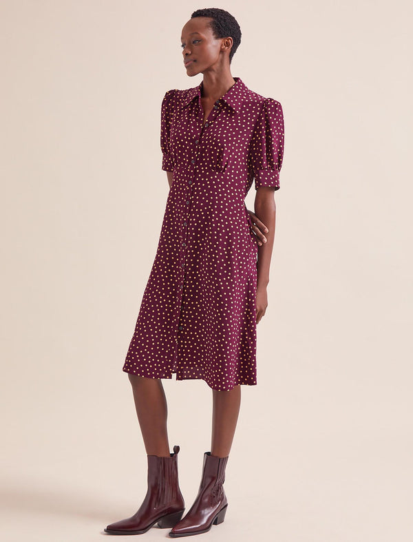 Ivy Silk Dress - Burgundy Gold Polka Dot Print