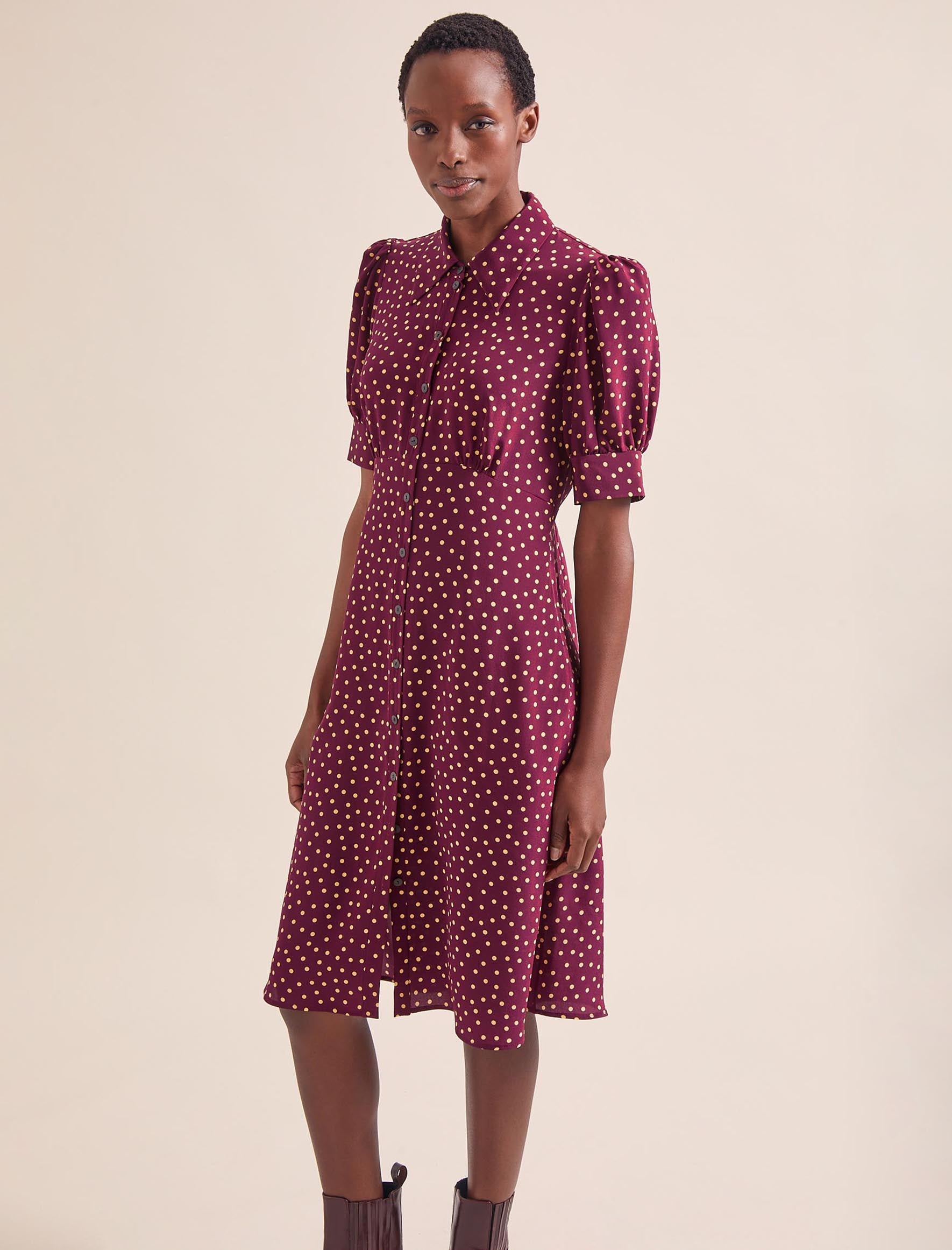 Ivy Silk Collared Tea Dress Burgundy Gold Polka Dot Print