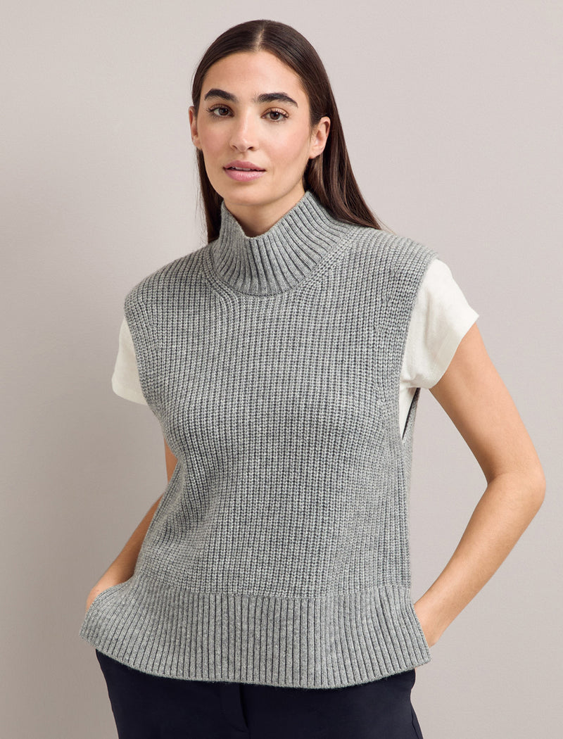 Janie Cashmere Blend Funnel Neck Sleeveless Jumper - Mid Grey