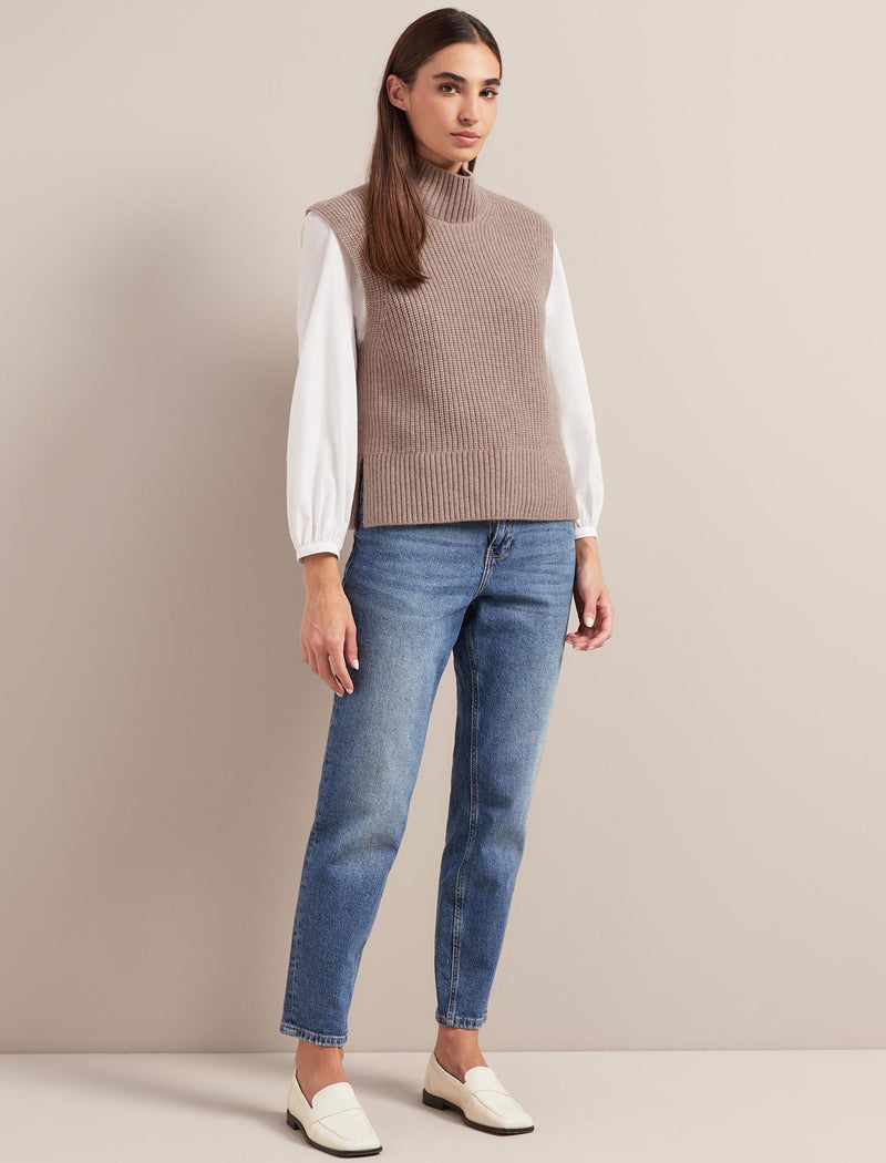 Janie Cashmere Blend Funnel Neck Sleeveless Jumper - Taupe