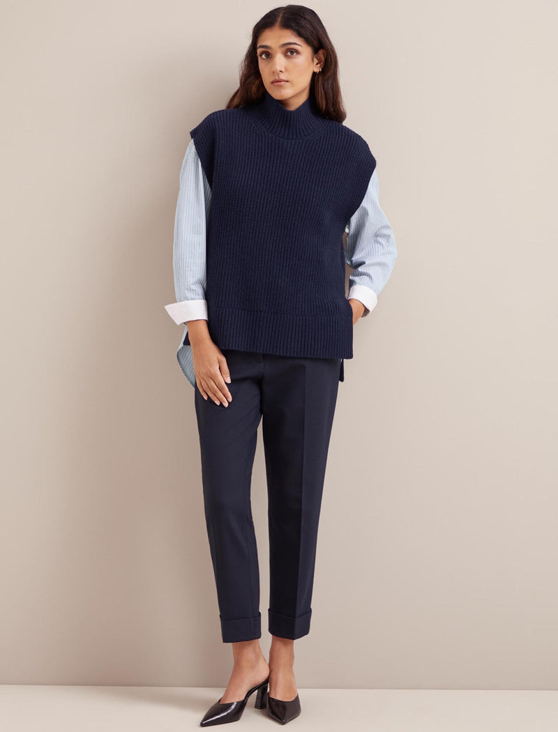 Janice Cashmere Blend Funnel Neck Sleeveless Jumper - Navy