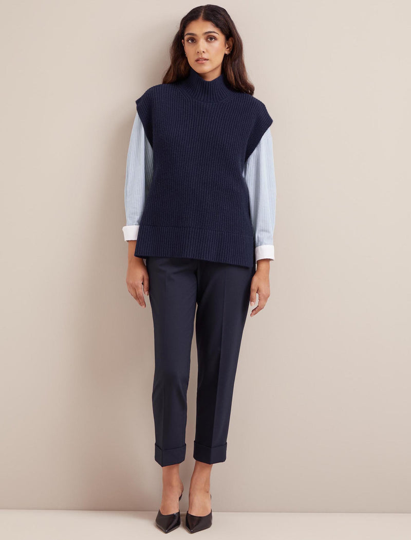 Janice Cashmere Blend Funnel Neck Sleeveless Jumper - Navy