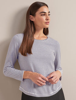 Maia Cotton Silk Blend T-Shirt - White Navy Stripe