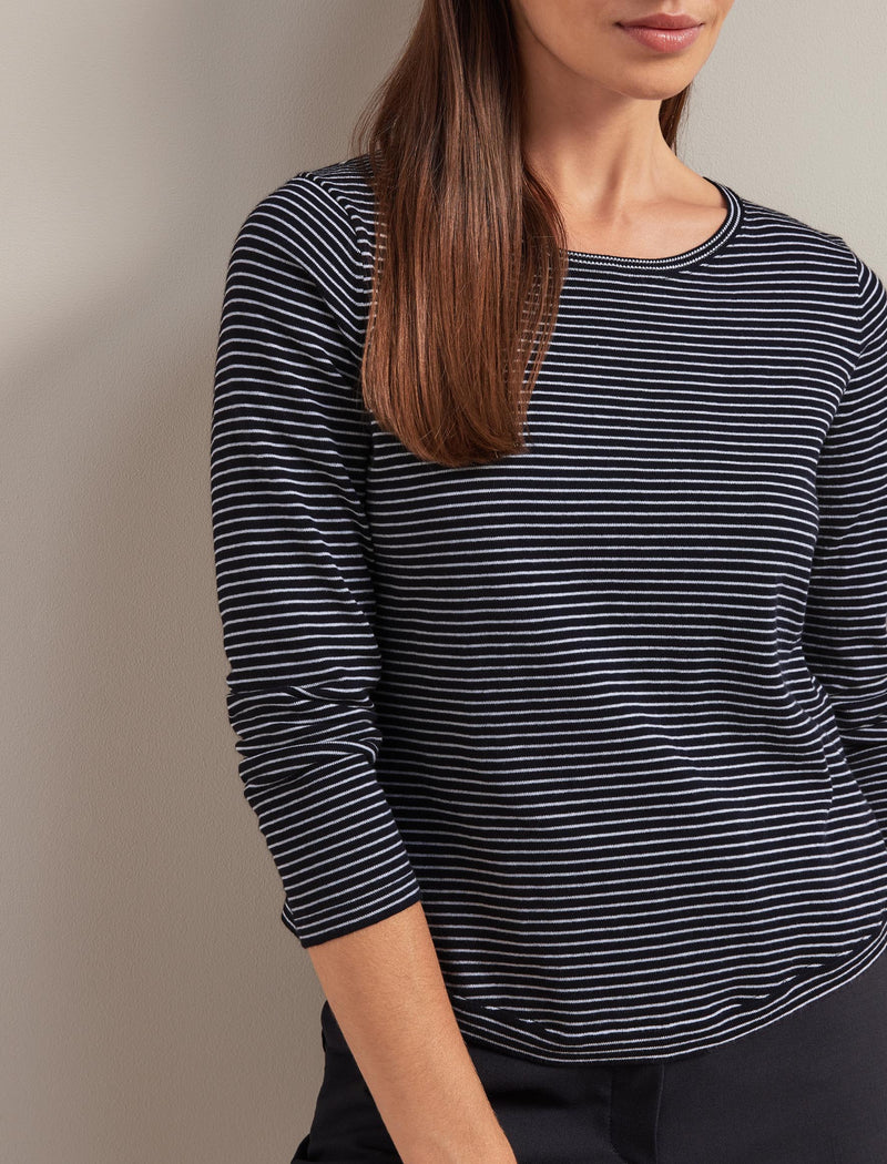 Maia Cotton Silk Blend T-Shirt - Navy White Stripe