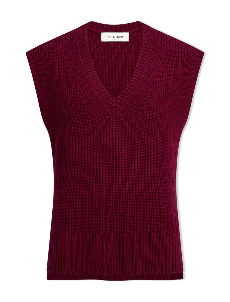 Janice Cashmere Blend V Neck Sleeveless Jumper - Burgundy