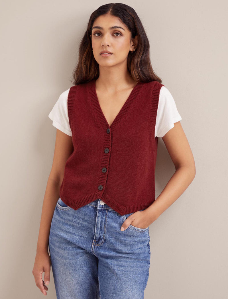 Wesley Cashmere Blend V Neck Waistcoat - Dark Red