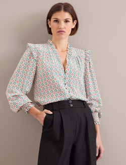 Stella Silk Shirt - Cream Floral Tile Print