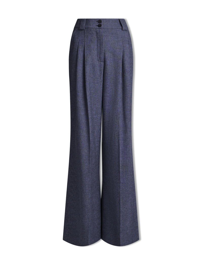 Margot Houndstooth Wool Wide Leg Trouser - Navy