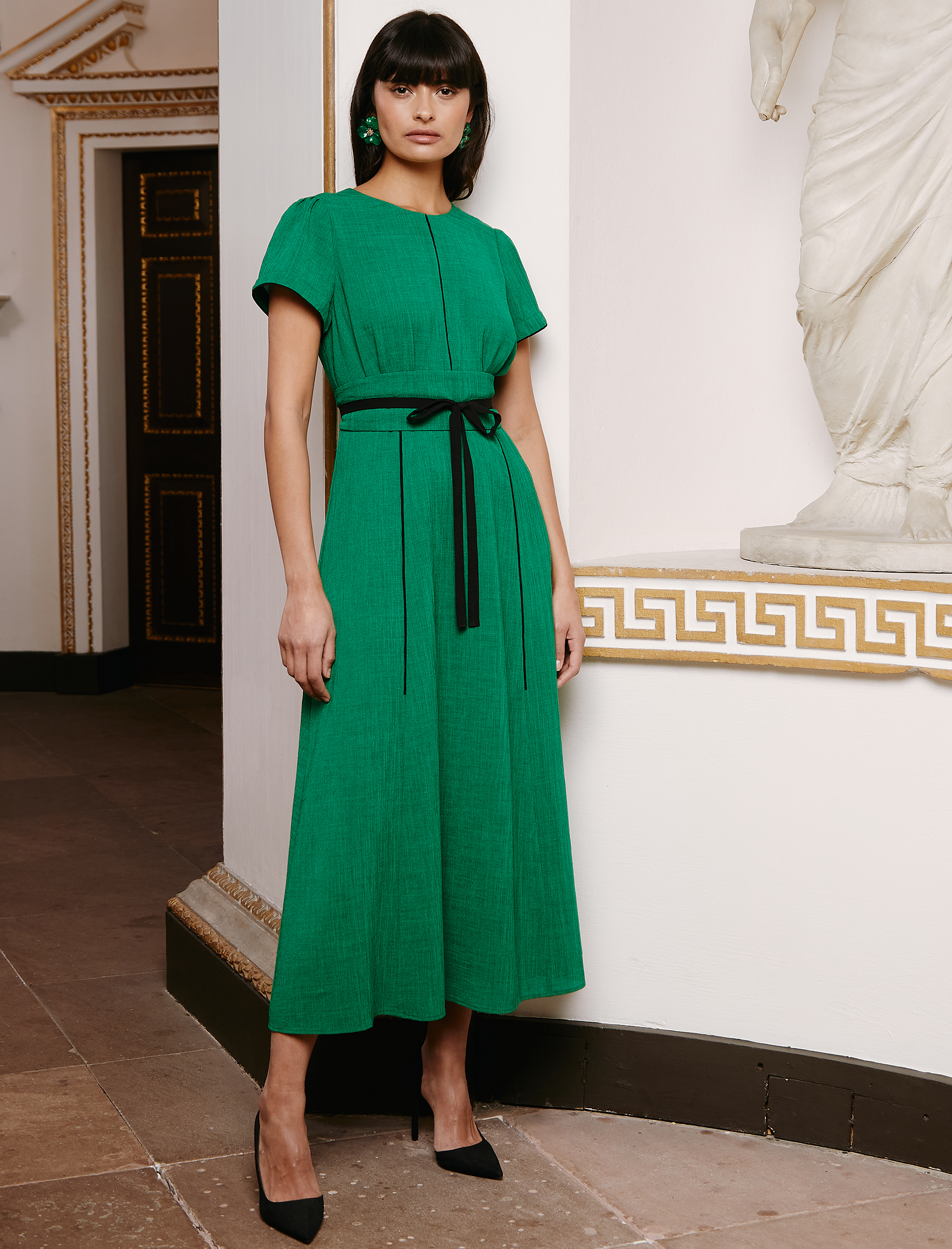 Rosie Techni Voile Maxi Dress with Wide Belt Emerald Green Black