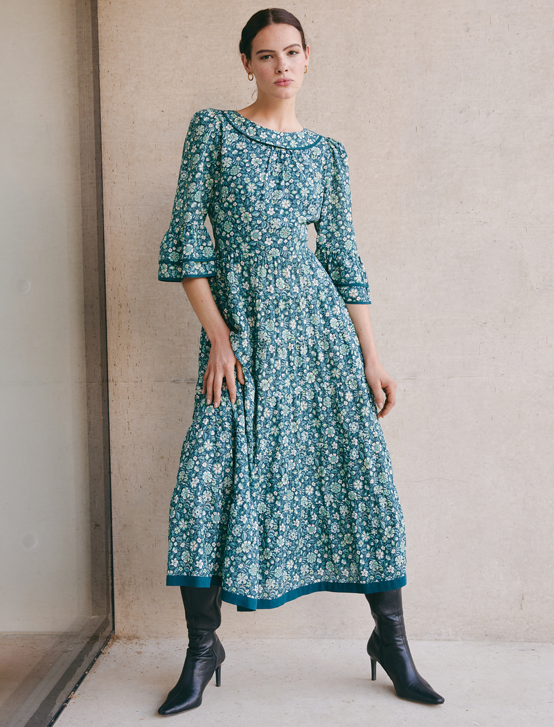 Elodie Cotton Blend Maxi Dress - Green Ditsy Carnation Print