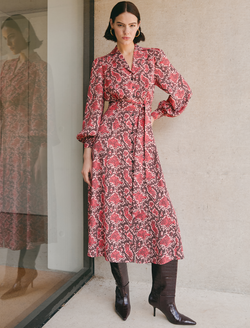 Odette Collared Maxi Shirt Dress with Tie Belt Pink Snakeskin Print