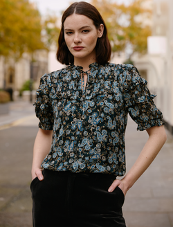 Viola Lurex Fil Coupé Blouse - Navy Paisley Print