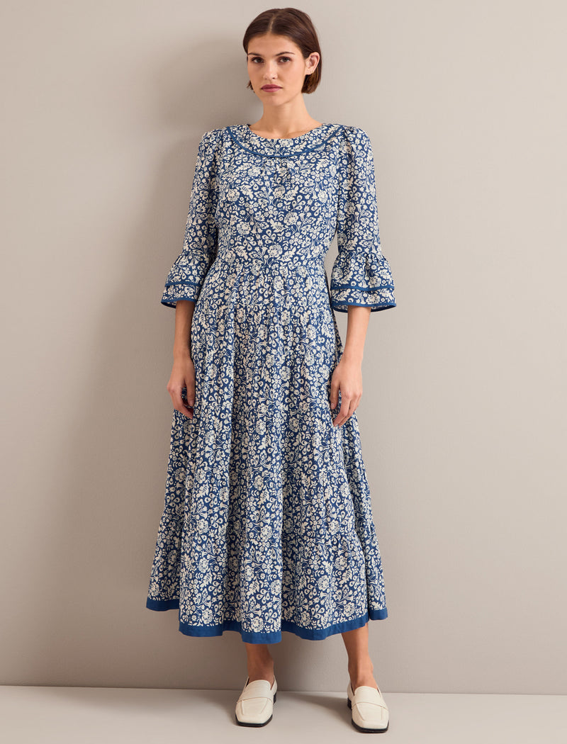 Elodie Cotton Blend Maxi Dress - Blue Mono Floral Print