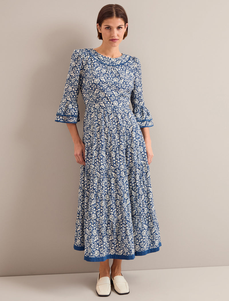 Elodie Cotton Blend Maxi Dress - Blue Mono Floral Print