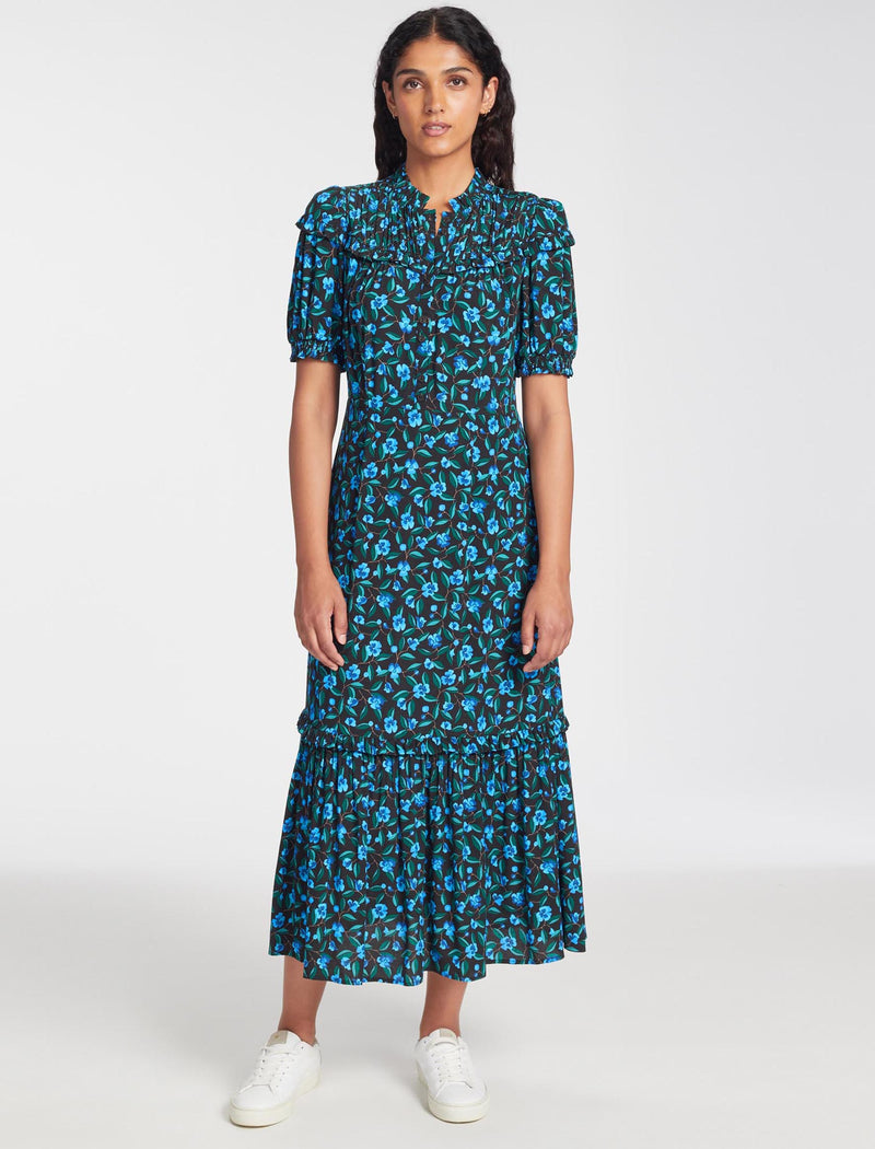 Hermione Ruched Button Front Maxi Dress Black Blue Deco Floral Print