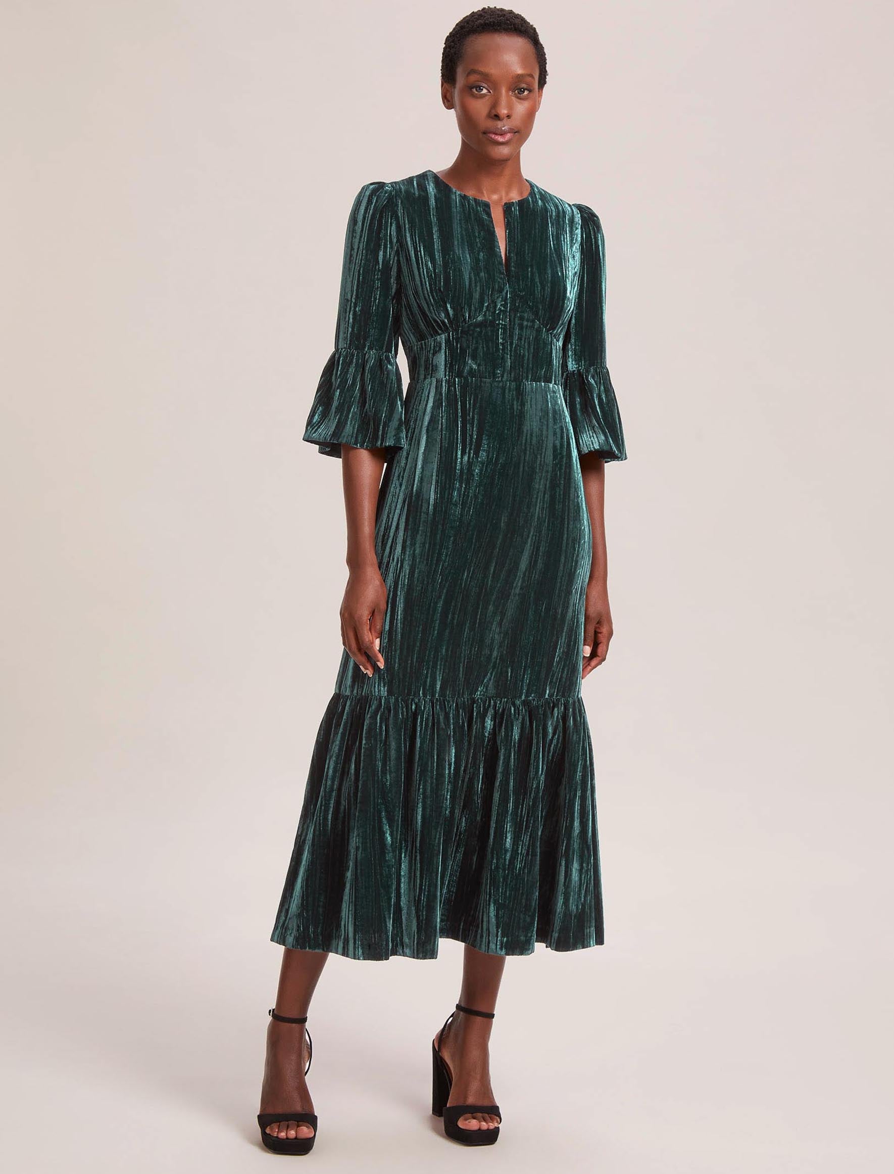 Daphne Plisse Velvet V Neck Maxi Dress 3 4 Length Sleeve Dark Green