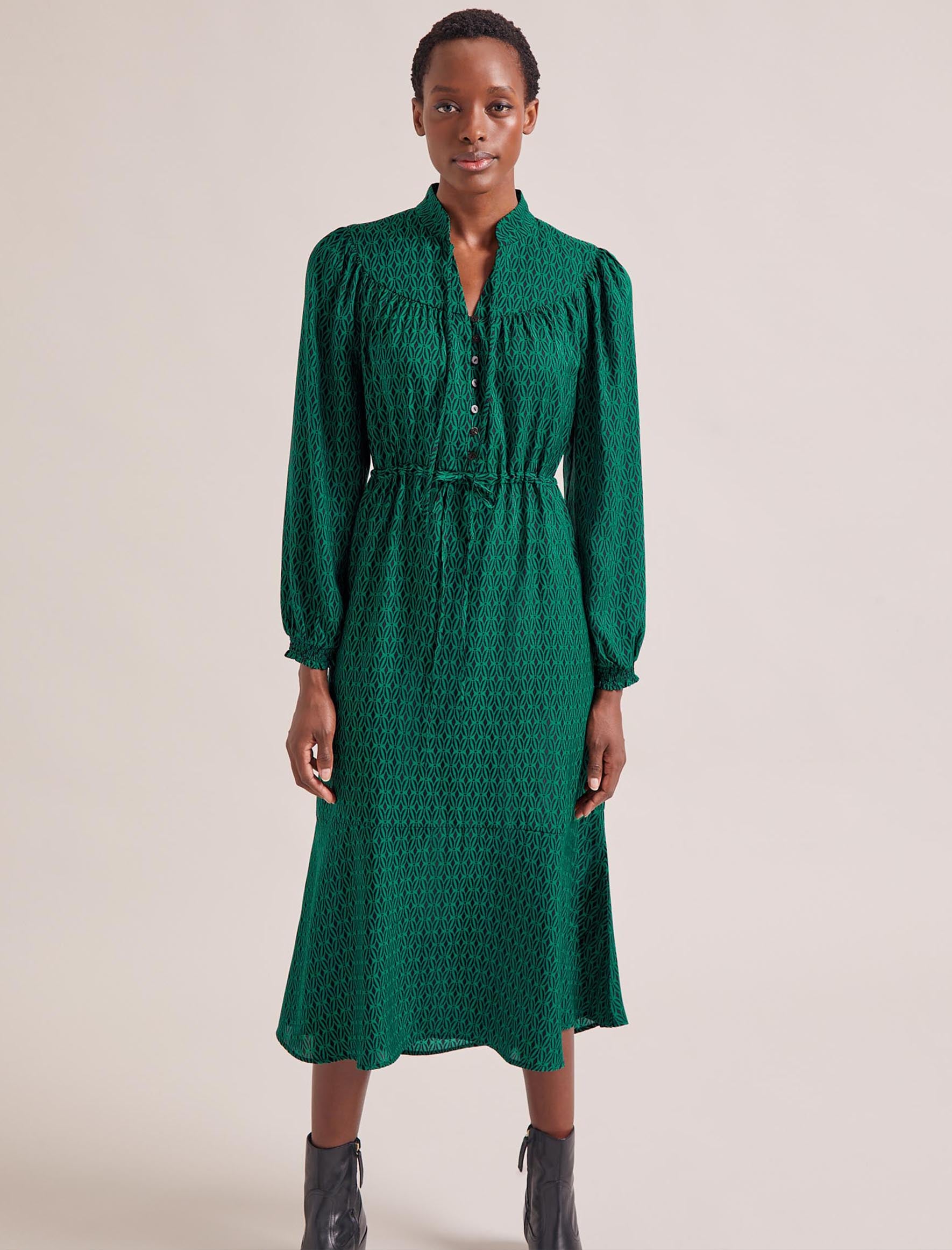 Zahra Collared Midi Dress with Drawstring Waist Green Black