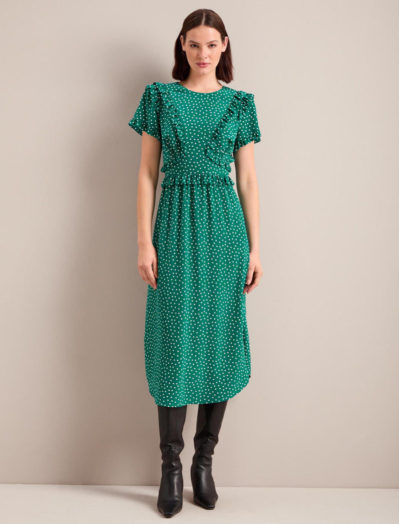 Mira Silk Midi Dress - Green Cream Polka Dot Print