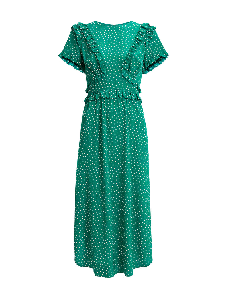 Mira Silk Midi Dress - Green Cream Polka Dot Print