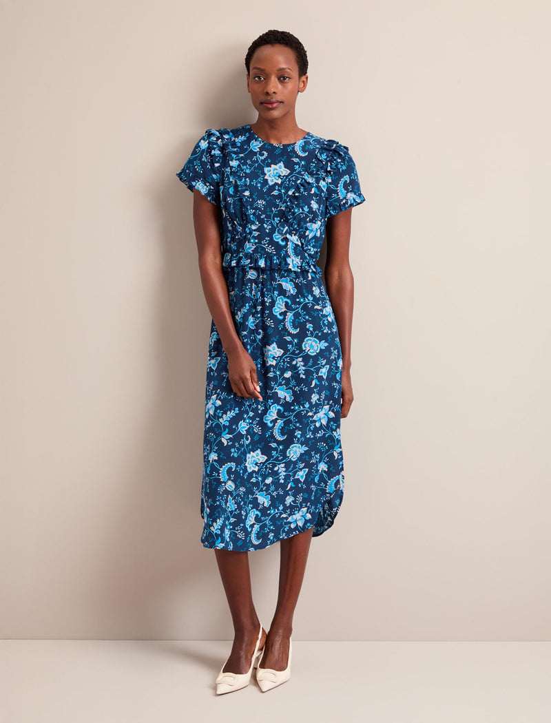 Mira Silk Midi Dress - Navy Yellow Large Trailing Floral