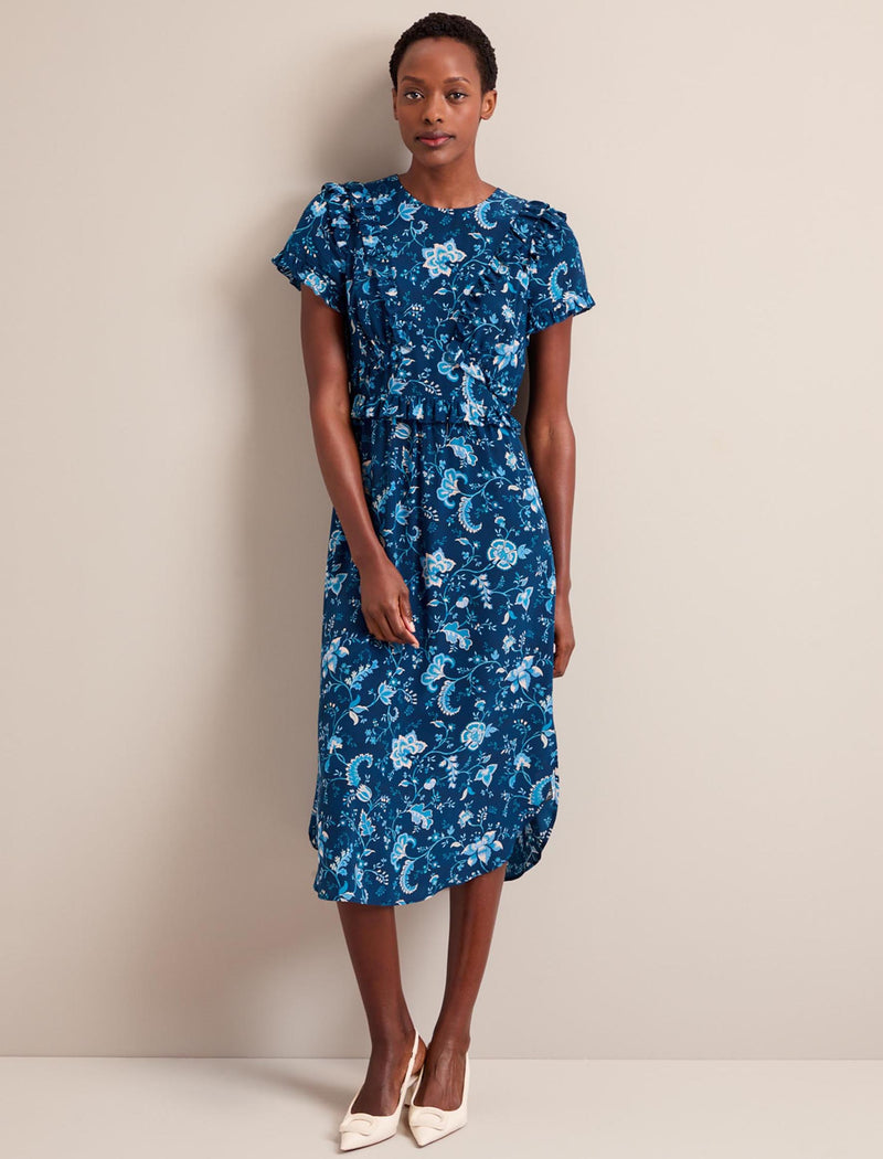 Mira Silk Midi Dress - Navy Yellow Trailing Floral Print