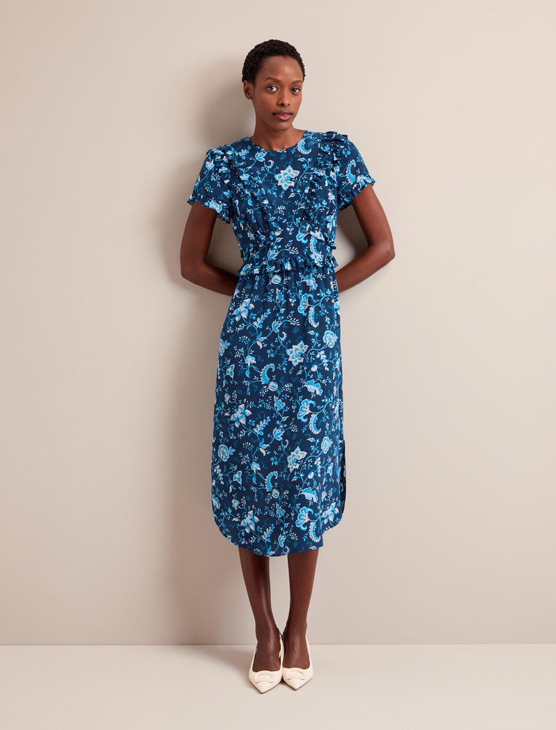 Mira Silk Midi Dress - Navy Yellow Large Trailing Floral