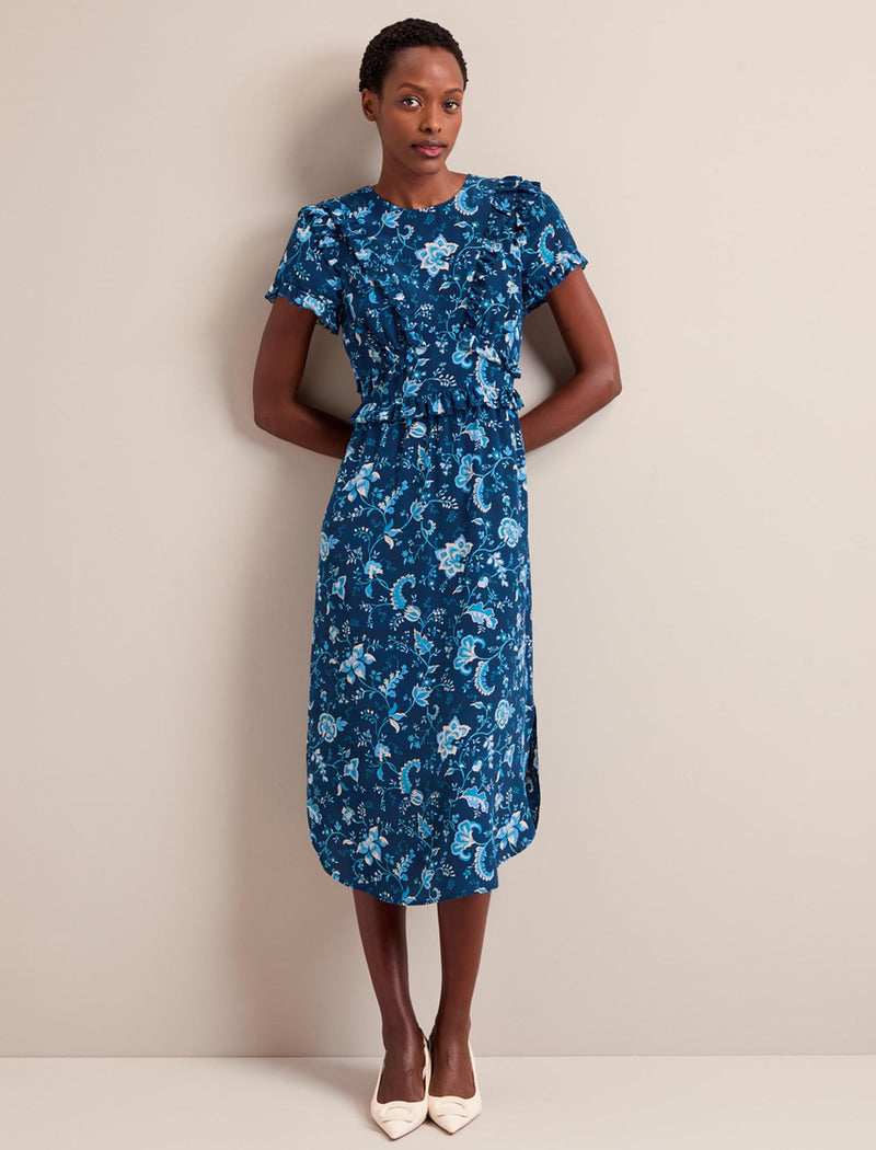 Mira Silk Midi Dress - Navy Yellow Trailing Floral Print