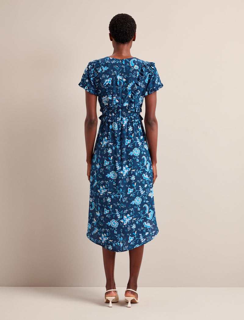 Mira Silk Midi Dress - Navy Yellow Large Trailing Floral