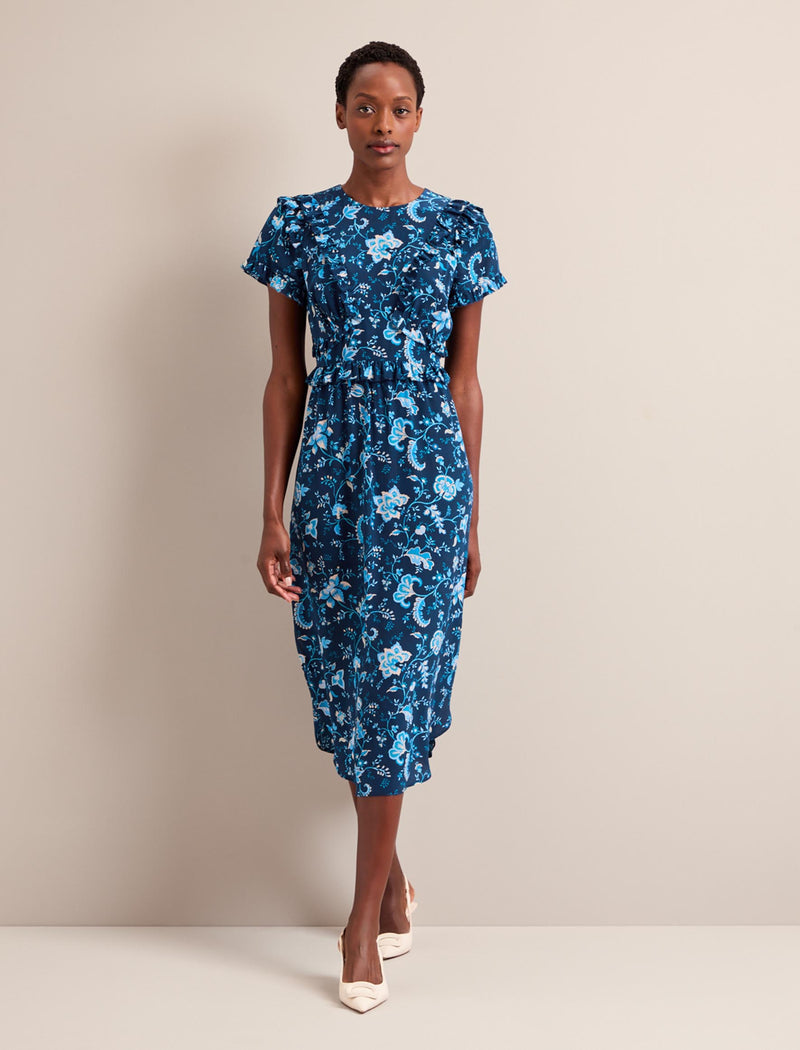 Mira Silk Midi Dress - Navy Yellow Large Trailing Floral