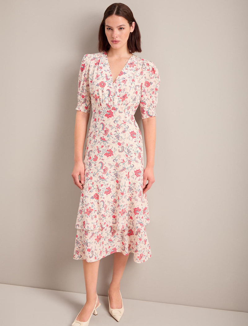 Ayla Silk Midi Dress - Cream Multi Trailing Floral Print